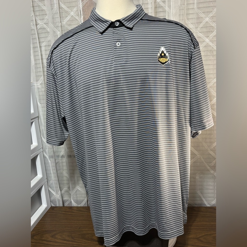 Purdue University Boilermakers w/emblem chest. Gray & white stripped. 42”L28”p2p